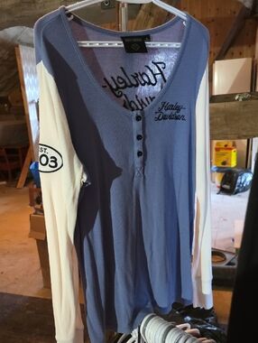 Harley-Davidson Blue and White Long Sleeve Henley Top